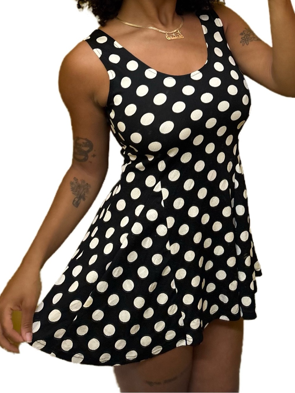 Black and white polka dot babydoll mini dress